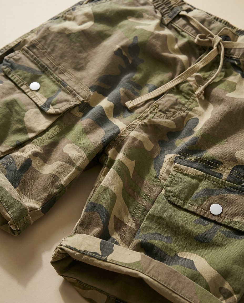 Men's casual camo cargo shorts, relaxed fit cotton blend with drawstring. Ideal for summer adventures.