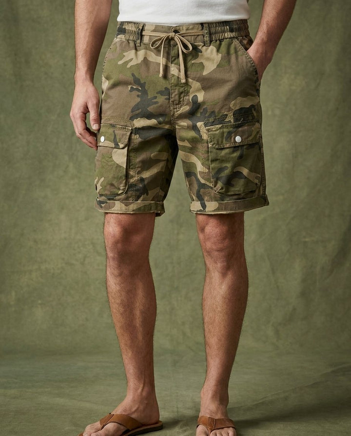 Stylish men's relaxed fit utility cargo shorts. Soft cotton blend for casual and comfortable summer days.