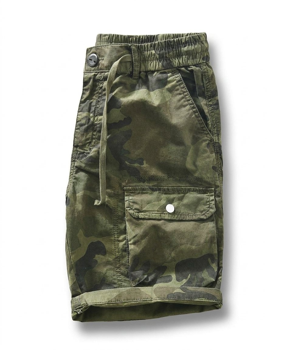 Relaxed fit men's cotton blend shorts with utility cargo pockets and an adjustable drawstring for summer.