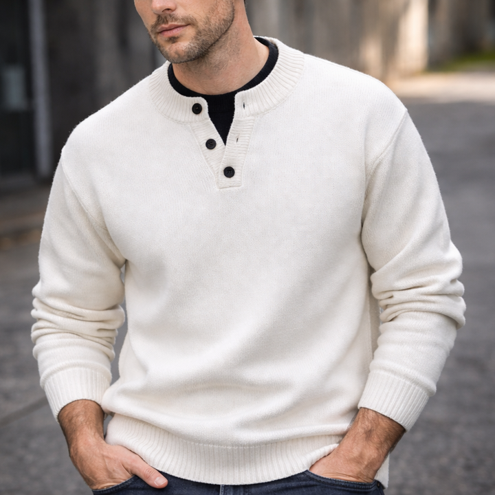 Men's relaxed fit V-neck pullover sweater in a neutral tone, perfect for effortless casual style and layering.