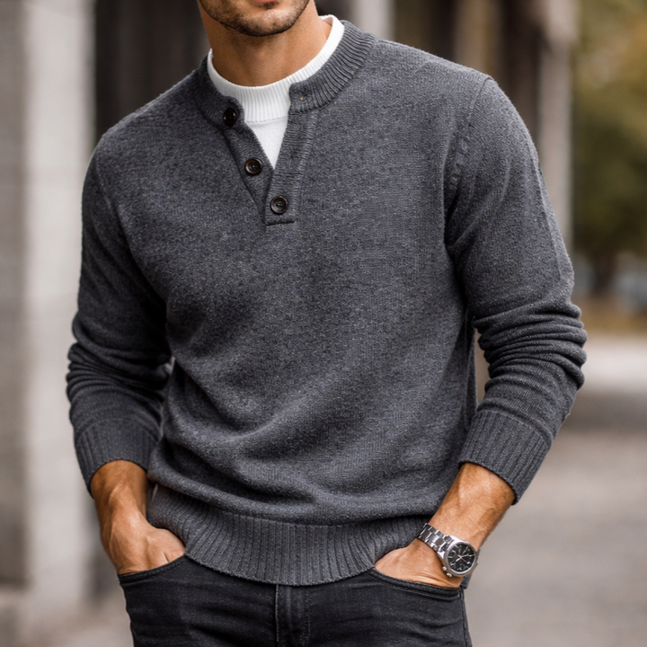 Comfortable men's V-neck pullover sweater in soft knit fabric, ideal for everyday wear & modern street style.