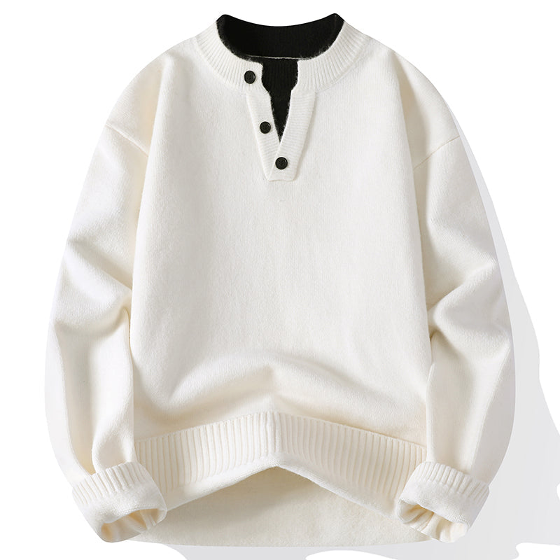 Front view of a men's stylish V-neck pullover sweater, showcasing its relaxed fit for modern everyday fashion.