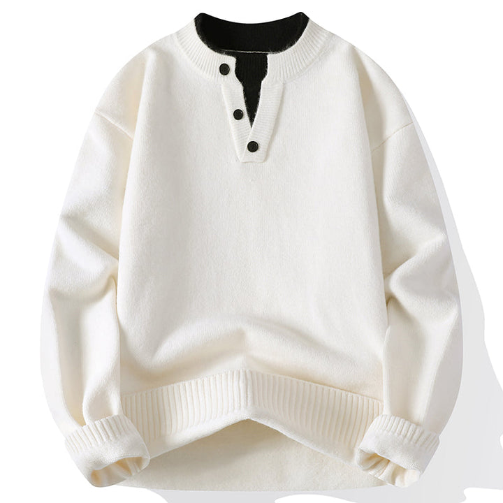 Front view of a men's stylish V-neck pullover sweater, showcasing its relaxed fit for modern everyday fashion.