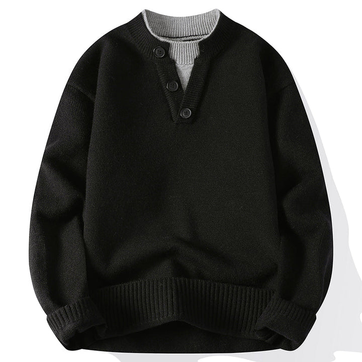 Textured men's long sleeve V-neck pullover sweater, offering comfortable and relaxed style for any casual look.