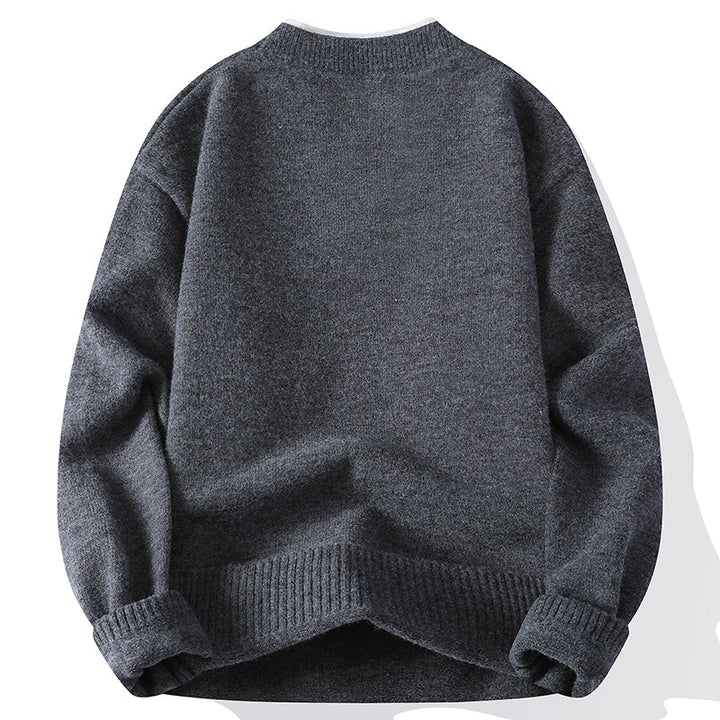 Close-up of a men's modern V-neck pullover sweater collar, highlighting comfortable knit fabric and relaxed style.