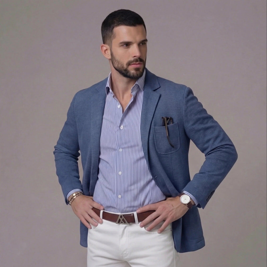 Versatile men's lightweight blazer jacket; ideal for casual outings & smart workwear.