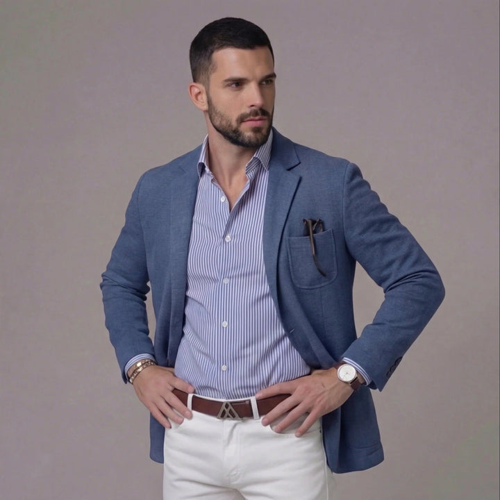 Versatile men's lightweight blazer jacket; ideal for casual outings & smart workwear.