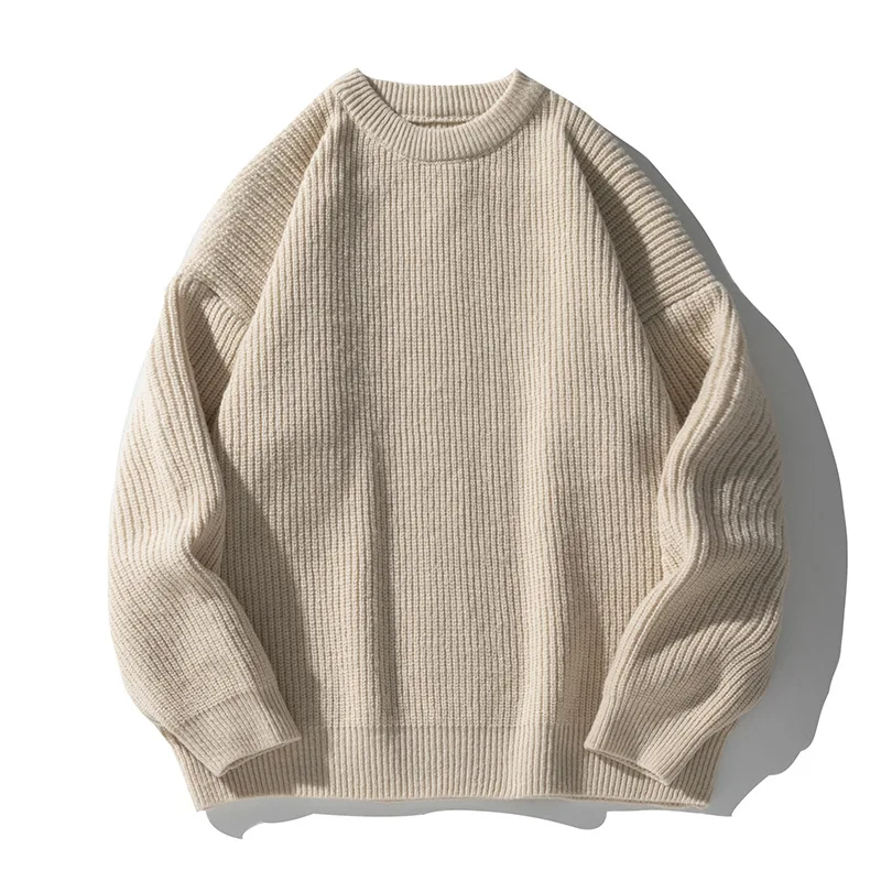 Man modeling a relaxed fit men's ribbed pullover, long sleeve, for a comfortable casual look.