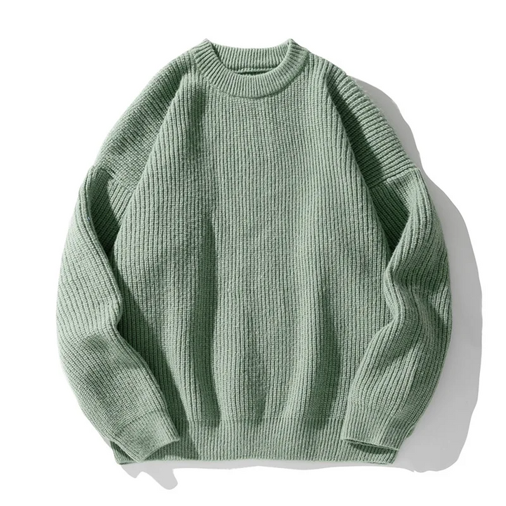 Stylish men's ribbed pullover, long sleeve, paired with jeans for a modern relaxed casual look.