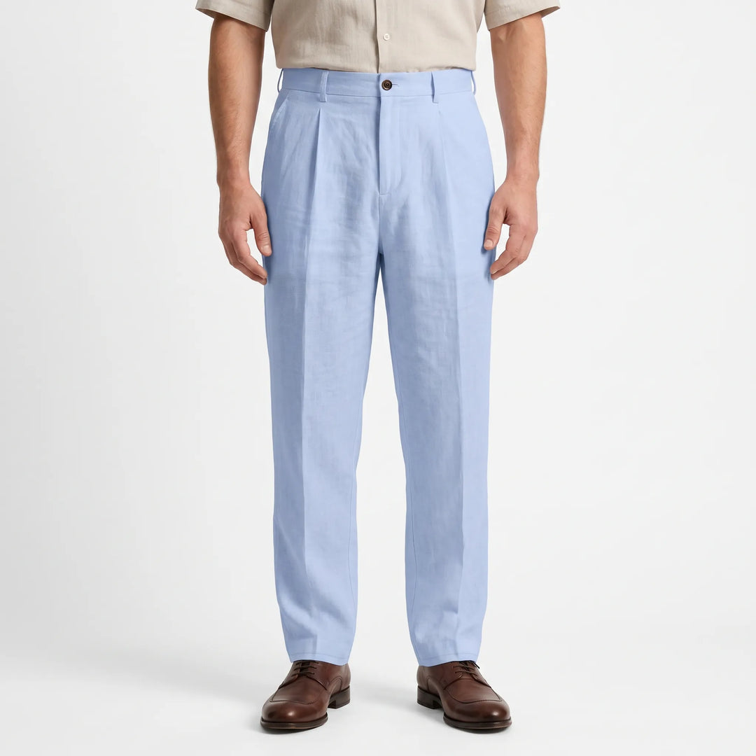 Pleated men's relaxed fit straight leg trousers, versatile for casual or smart casual looks.