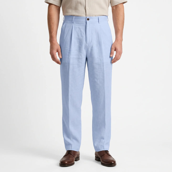 Pleated men's relaxed fit straight leg trousers, versatile for casual or smart casual looks.