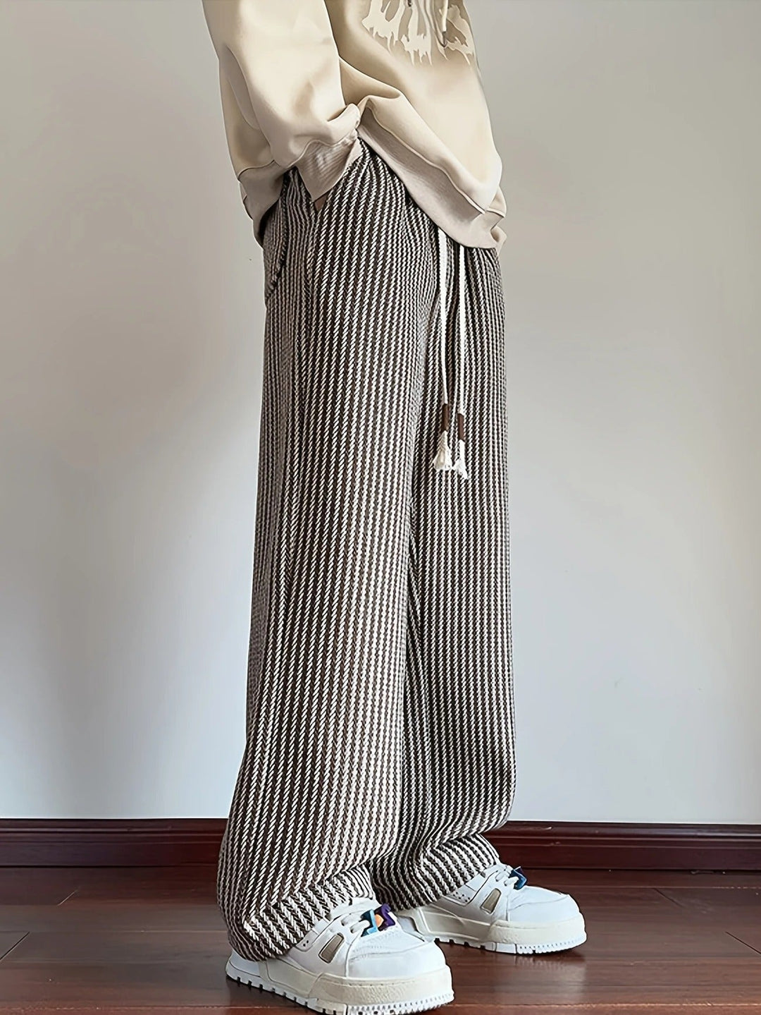 Men's vertical stripe relaxed fit straight-leg trousers, offering ultimate comfort.
