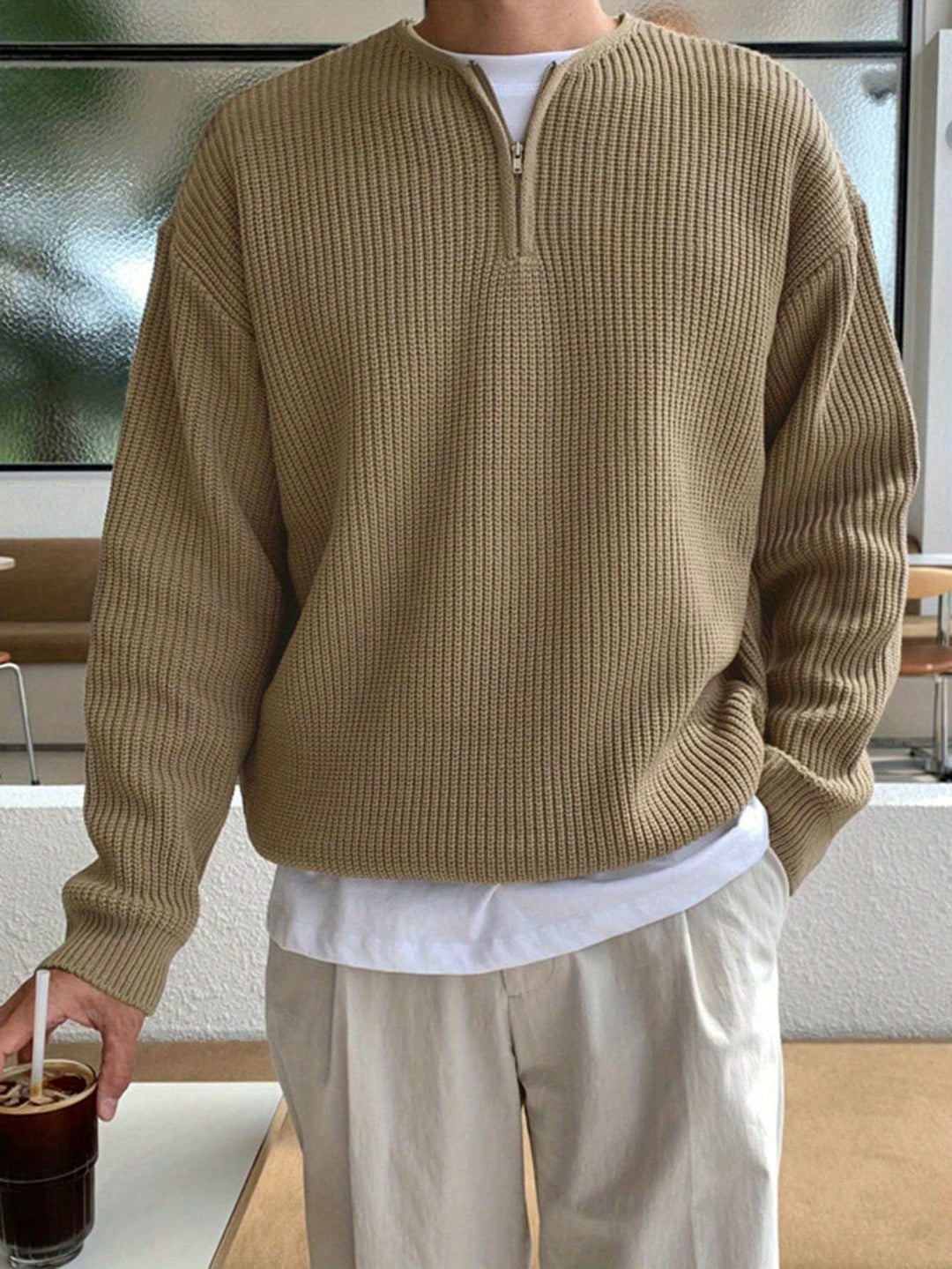 Men's Relaxed Striped Half-Zip Sweater, ideal for casual winter & autumn comfort.