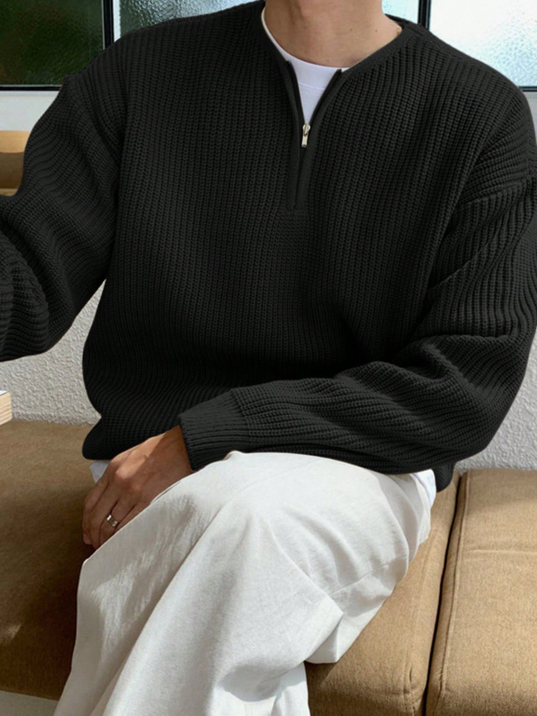 Stylish men's long sleeve half-zip sweater in relaxed fit, great for autumn & winter fashion.