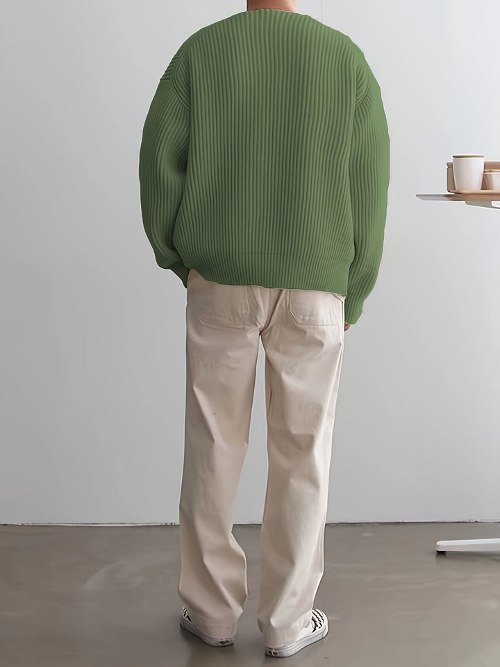 Modern men's striped half-zip pullover, a cozy knitted sweater for casual autumn fashion.