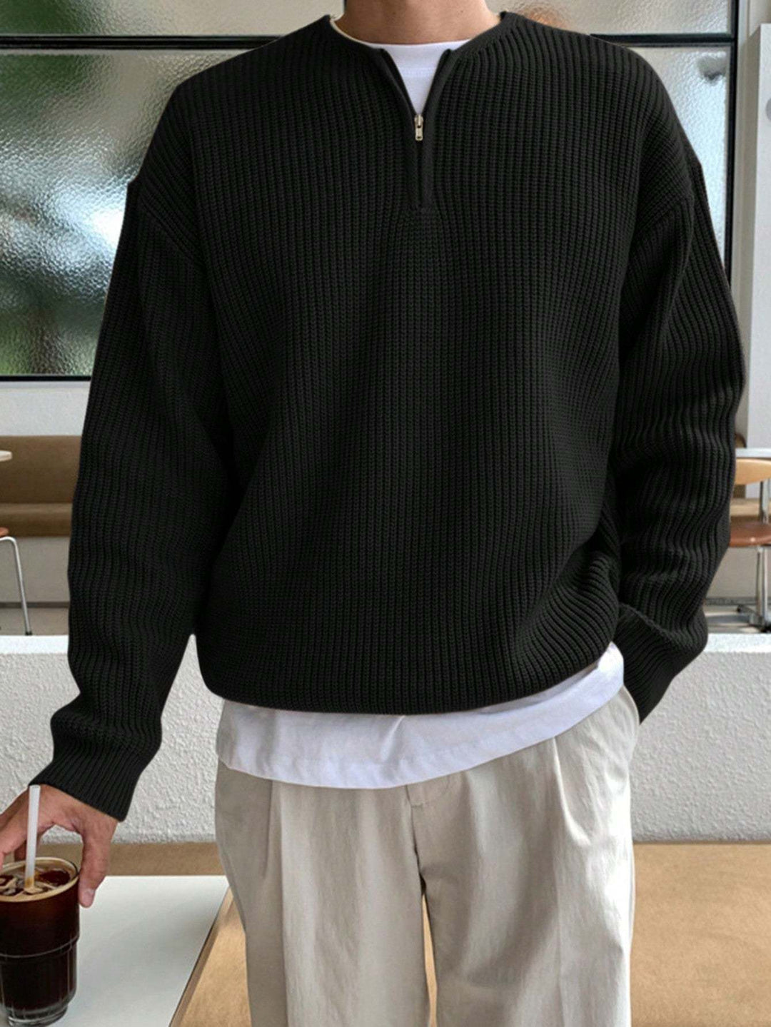 Elegant men's relaxed striped half-zip sweater, perfect for casual autumn and winter fashion.