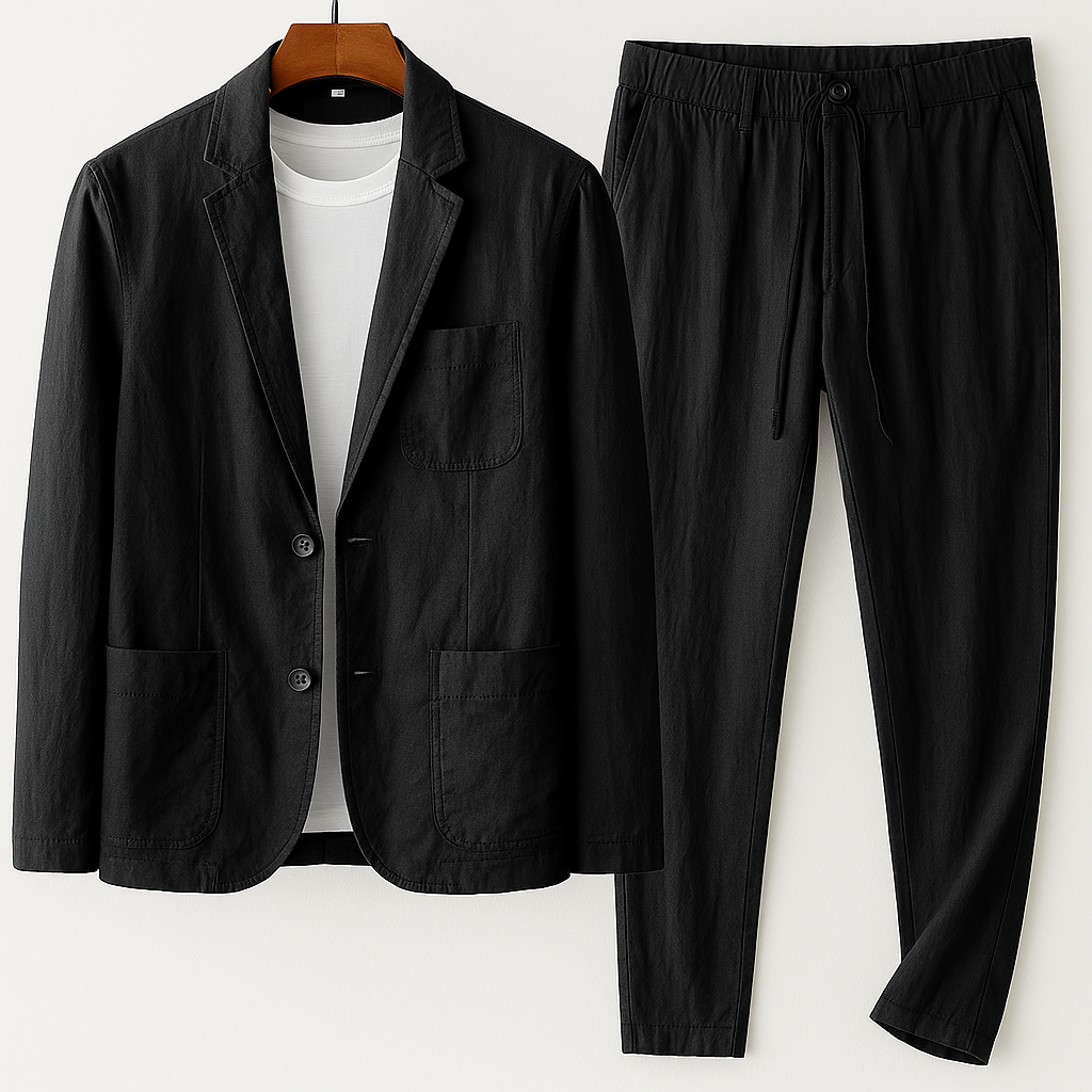 Two-piece men's set featuring a tailored blazer & relaxed drawstring trousers. Perfect for comfort & style.