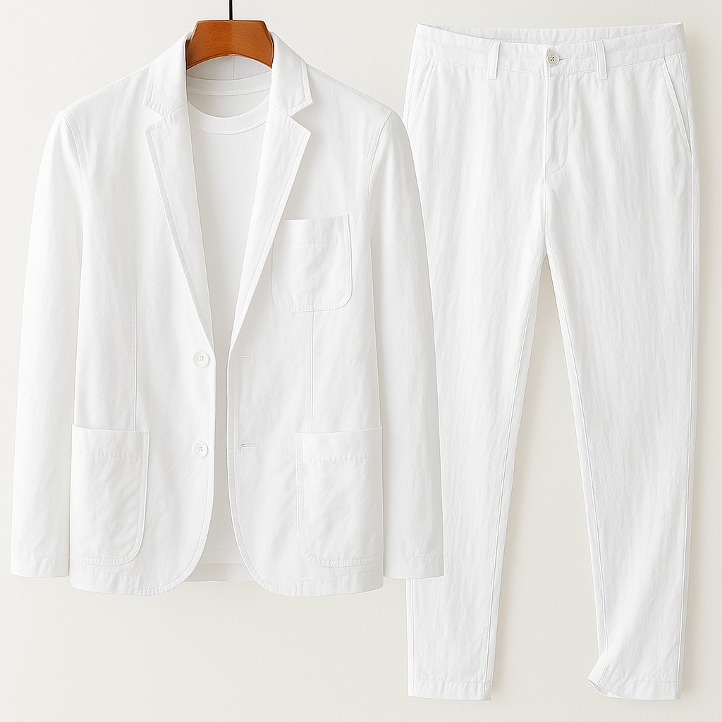 Men's versatile tailored set: relaxed blazer & drawstring trousers suitable for casual or evening wear.