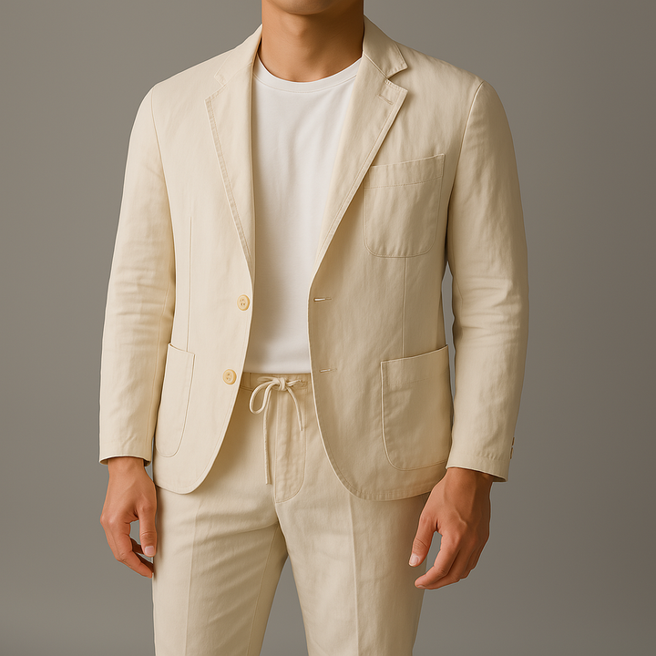 Modern men's relaxed tailored blazer & drawstring trousers set. Comfortable two-piece for stylish casual wear.