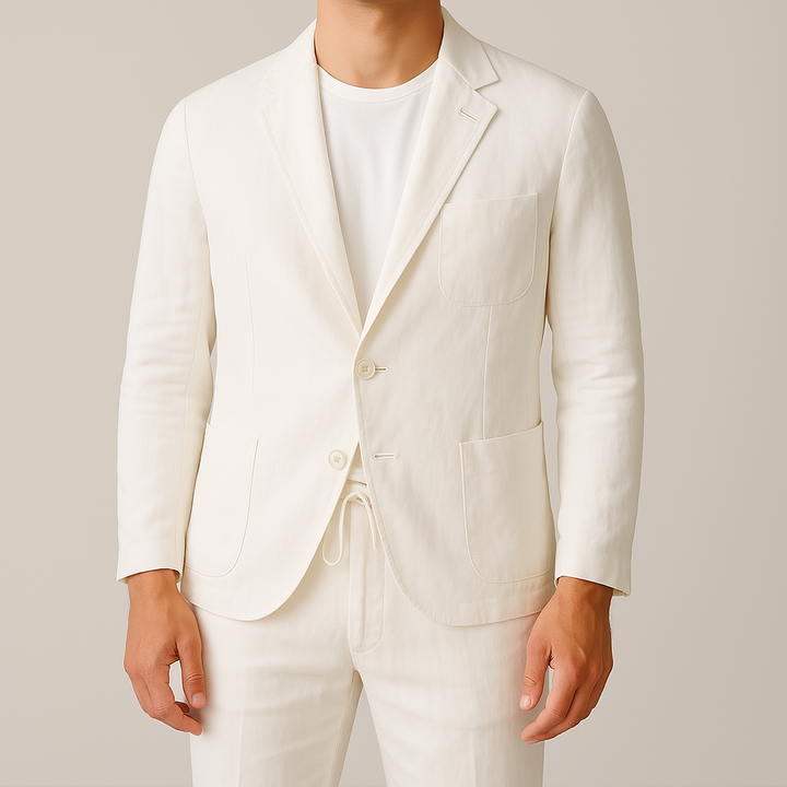 Men's comfortable, relaxed fit tailored set with a smart blazer & practical drawstring trousers.