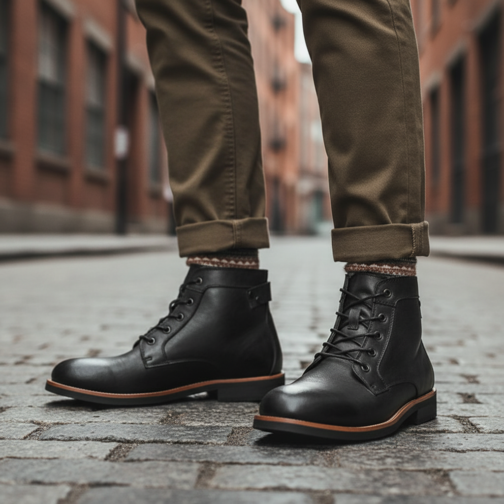 Men's retro ankle high leather boots in dark brown, perfect for a casual yet stylish look.