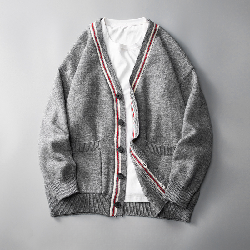 Men's retro button-up cardigan with stripes, perfect for casual fall & winter layered looks.