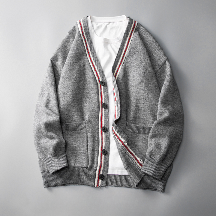Men's retro button-up cardigan with stripes, perfect for casual fall & winter layered looks.