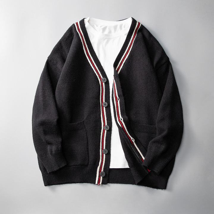 Striped men's retro cardigan, a comfortable button-up ideal for casual, layered fall & winter outfits.
