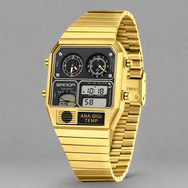 Men's retro dual display digital analog watch with a sleek metal band. Stylish & functional timepiece.