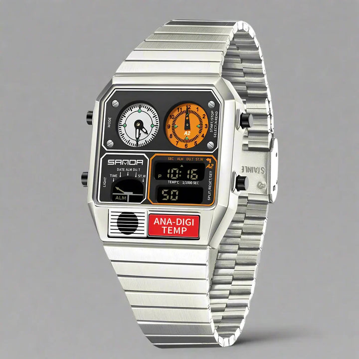 Retro men's dual display watch. Water resistant with temperature display, metal band for durability.