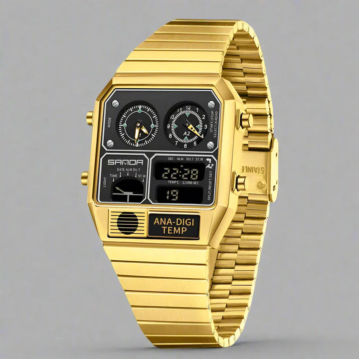 Stylish men's retro dual display analog digital watch. Perfect accessory for modern men. Metal band.