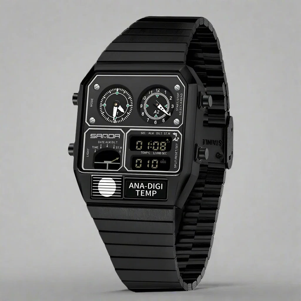 Close-up of men's retro dual display watch face, showing both digital and analog dials clearly.