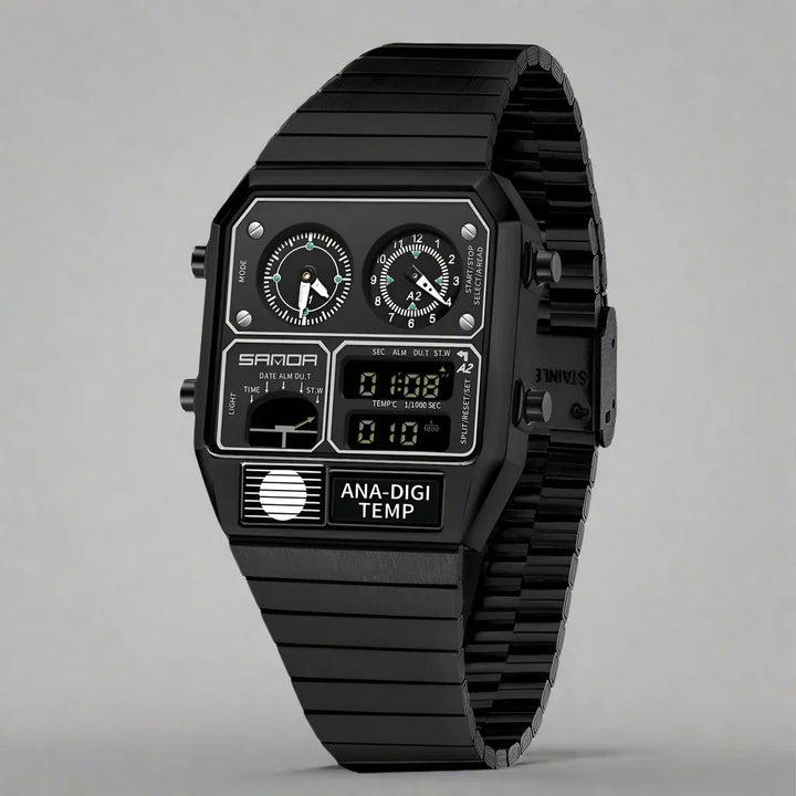 Close-up of men's retro dual display watch face, showing both digital and analog dials clearly.