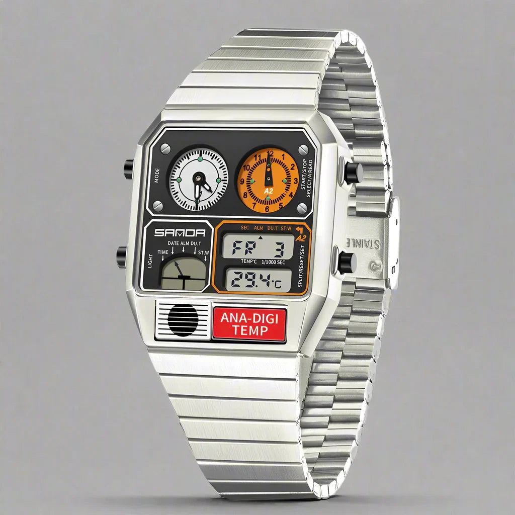 Men's retro dual display watch on a wrist, showcasing its stylish metal band and clear time display.