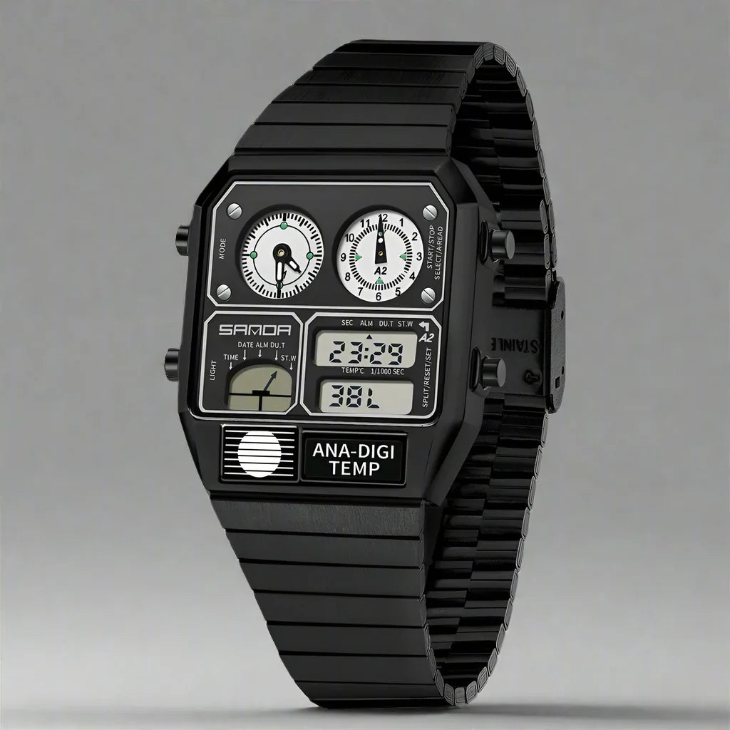 Full view of the men's retro dual display watch. Analog digital timepiece with a polished metal band.