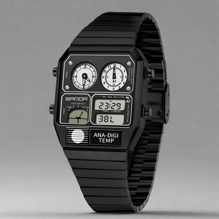 Full view of the men's retro dual display watch. Analog digital timepiece with a polished metal band.