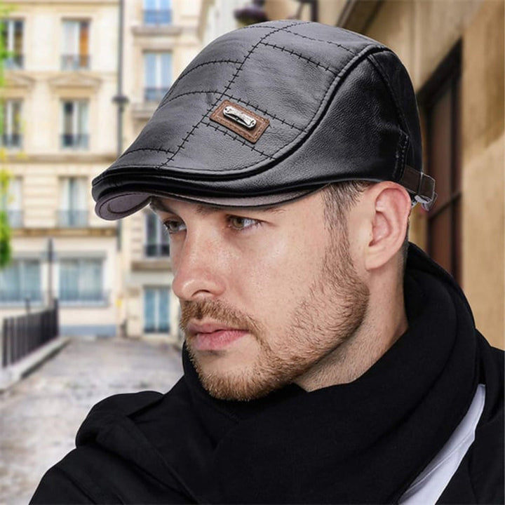 Men's retro leather beret hat, vintage style cap. Perfect fashion accessory for stylish men.