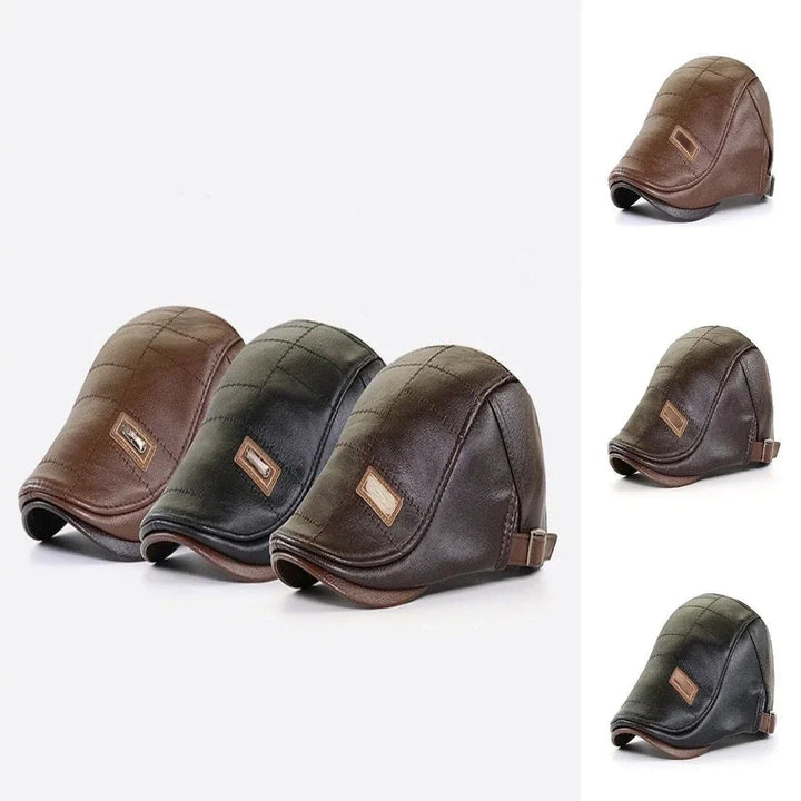 Men's retro leather beret hat, vintage style cap, classic headwear. Essential autumn/winter accessory.