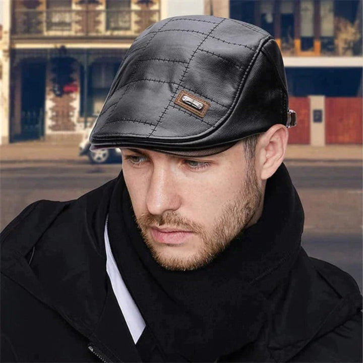 Sleek black leather beret hat for men, vintage fashion accessory. Timeless classic headwear.