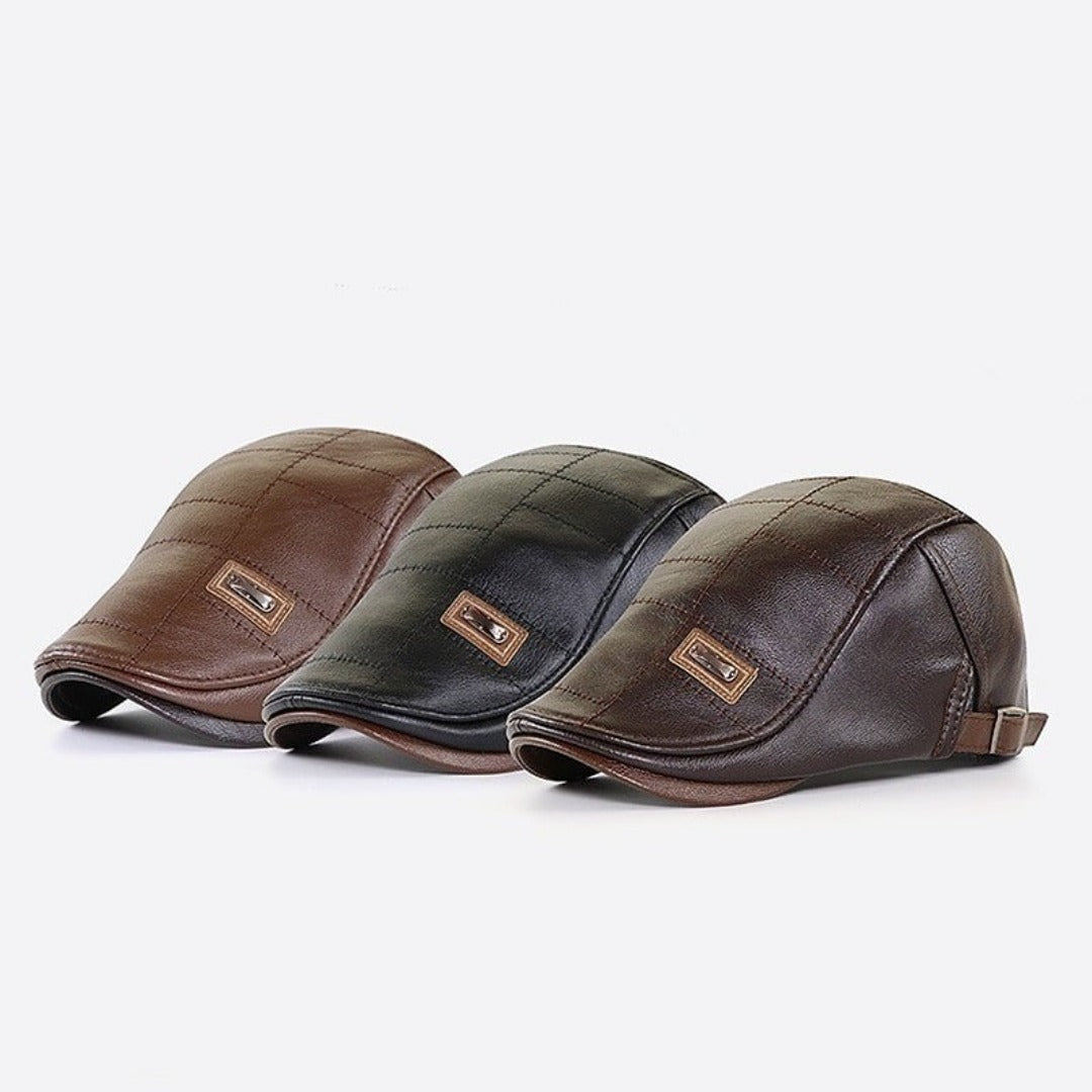 Men's vintage leather beret, warm retro cap perfect for autumn & winter fashion.