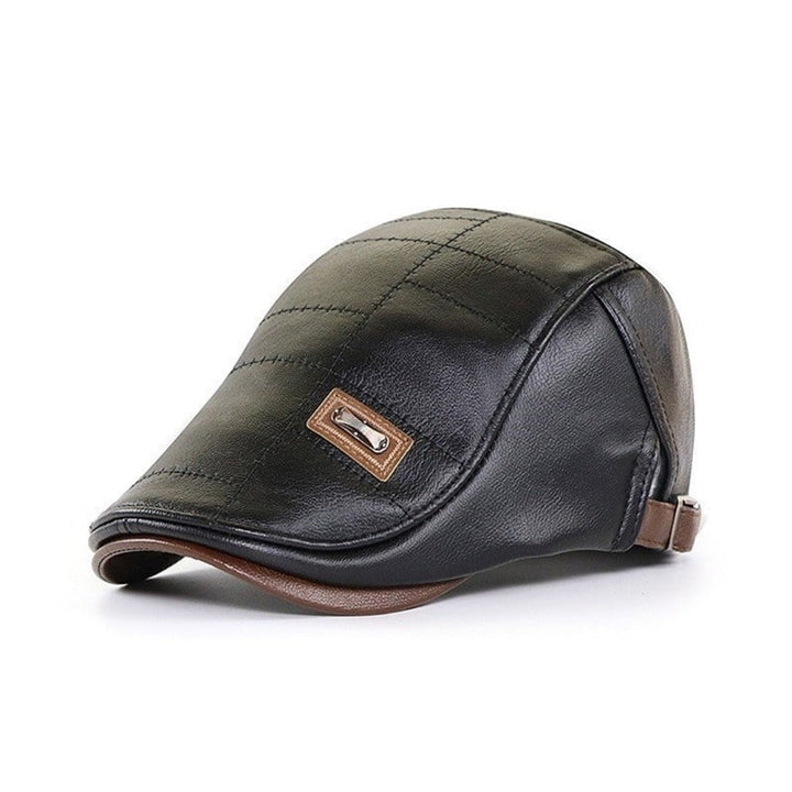 Modern black leather beret for men, an adjustable classic headwear. Versatile style.
