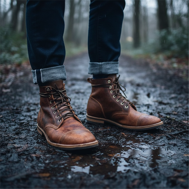 Men's retro leather waterproof boots, Leonard style, lace-up and anti-slip for winter