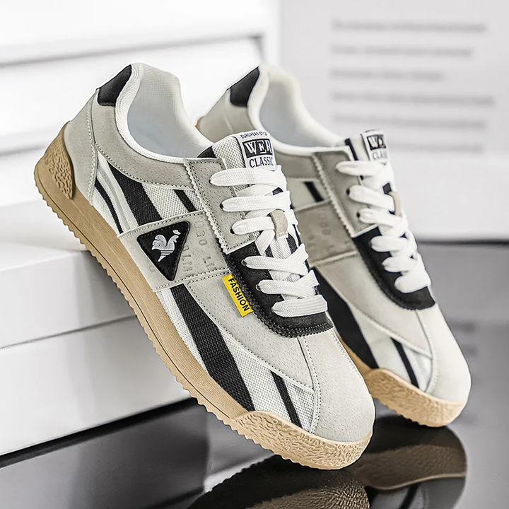 Men's multi-color retro sneakers. Comfortable, low-cut, track style for athletic & casual wear.