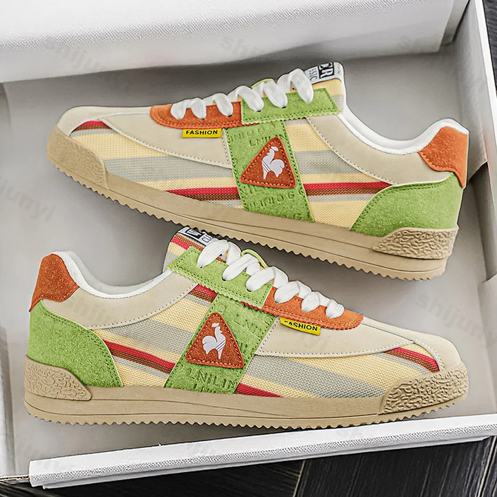 Detail of men's retro multi-color sneakers, highlighting comfortable design and classic streetwear look.
