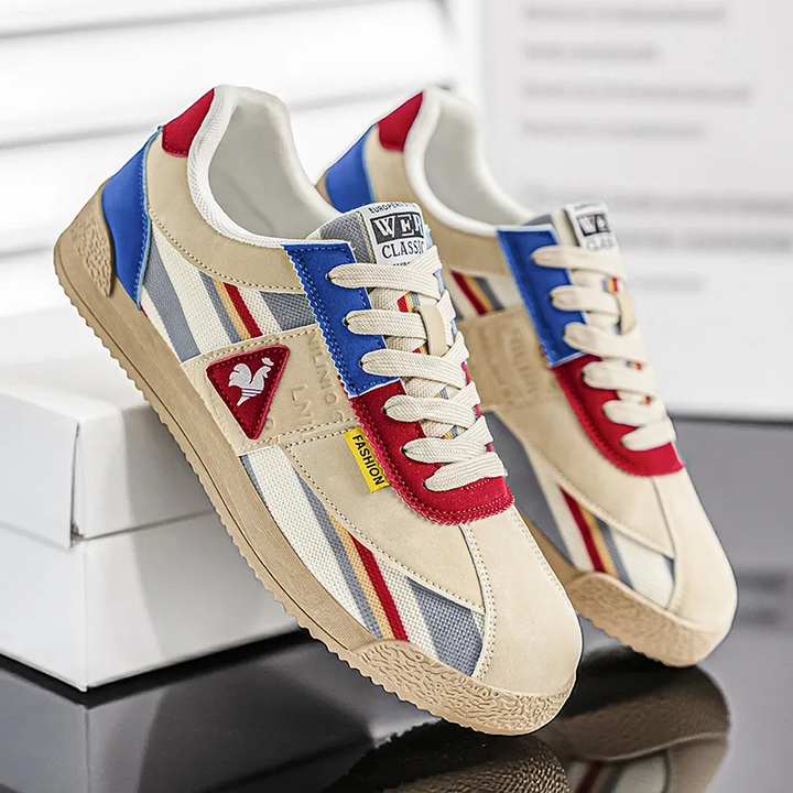 Side profile of men's retro low-cut sneakers, featuring multi-color design and comfortable athletic style.