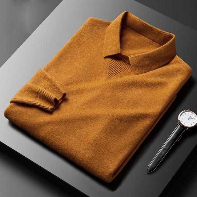 Men's retro polo sweater with stylish layered collar, perfect for fall fashion and smart casual wear.