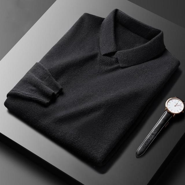 Comfortable men's long sleeve retro polo sweater. Unique layered collar design for winter apparel & casual fashion.
