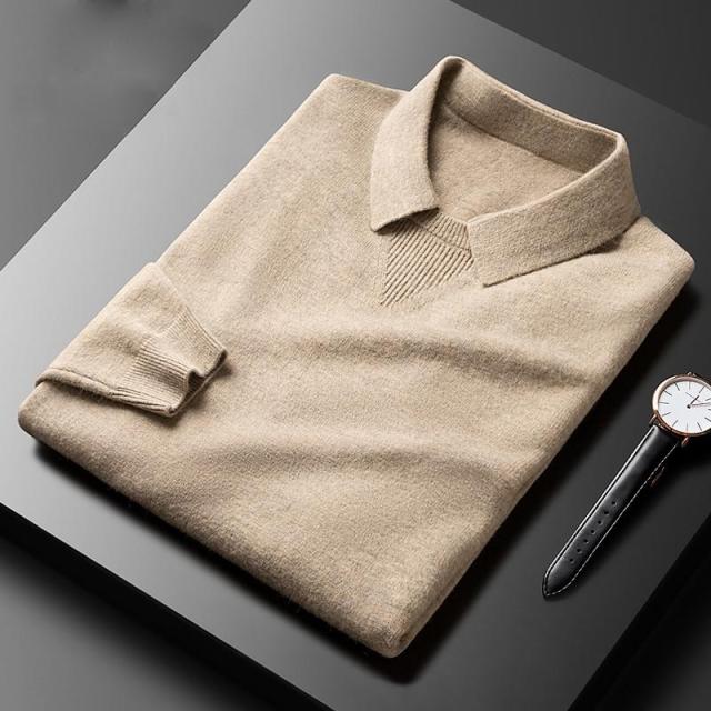 Retro men's polo sweater with a unique layered collar & long sleeves. Ideal for stylish fall and winter casual wear.