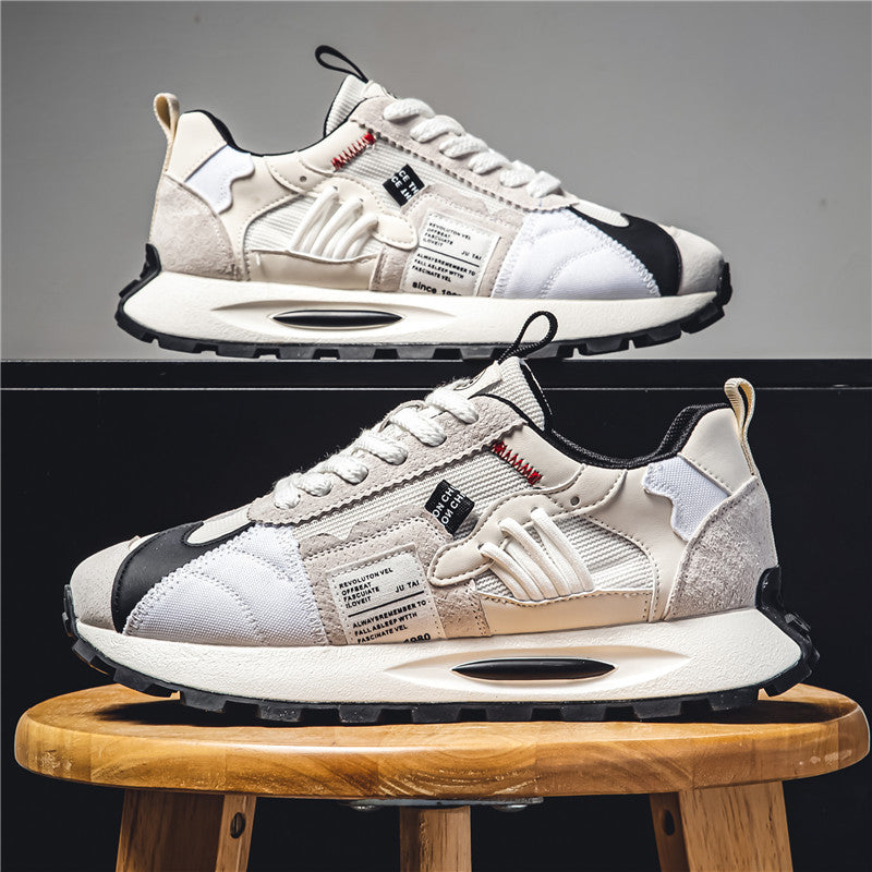 Front view: multi-color men's retro skate sneakers, bold Y2K streetwear design, comfortable lace-up shoes.