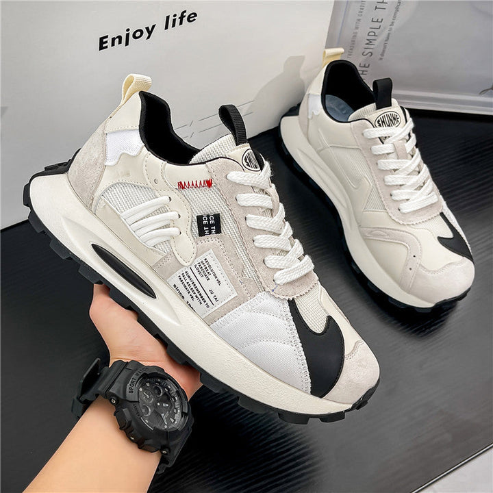 Back view of men's retro skate sneakers, dynamic Y2K style, multi-color athletic footwear, bold streetwear.